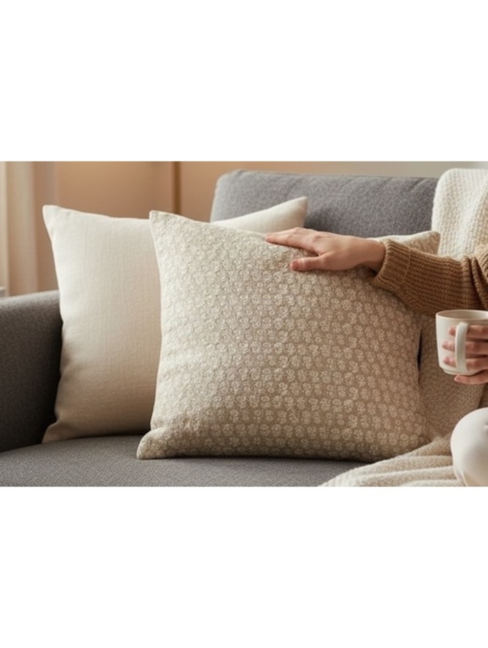 Beige and Cream Decorative Fabric Pillow Cover with Floral Pattern - 23 x 24 in